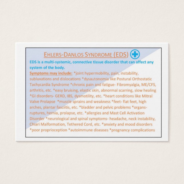 Ehlers Danlos Syndrome Carte d'information EDS (Devant)