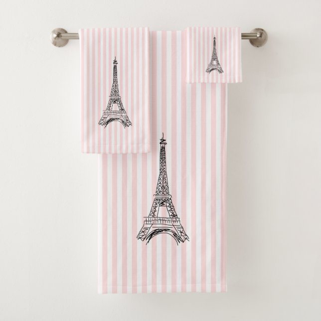 Eiffel Tower Pink Stripe Bath Towel Set (En situation)