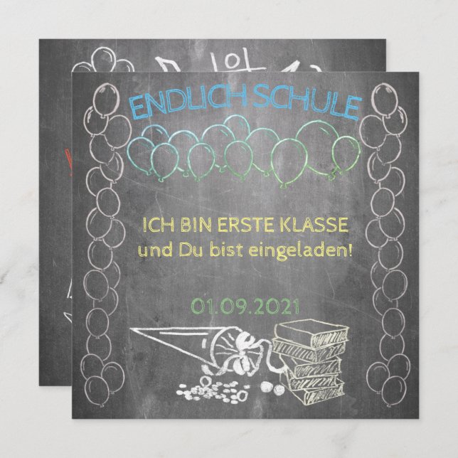 Einladungskarte zur Einschulung im Tafelstil (Devant / Derrière)