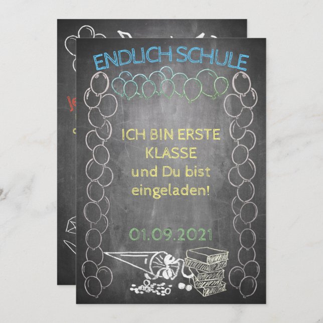 Einladungskarte zur Einschulung im Tafelstil (Devant / Derrière)