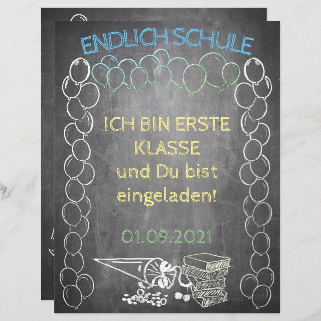 Einladungskarte zur Einschulung im Tafelstil (Devant / Derrière)