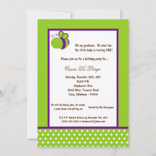 Elec 5x7. Green Bumble Bee Invitation de fête d'an