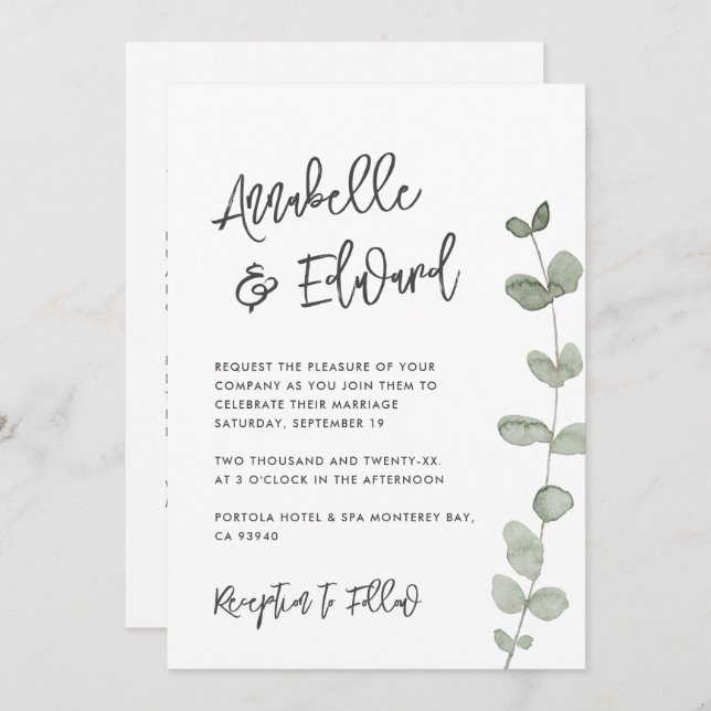 Elegan Mariage eucalyptus détails, invitation chic (Devant / Derrière)