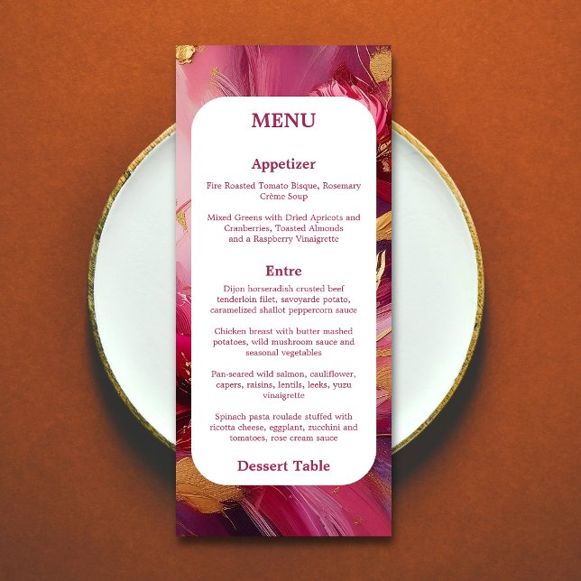 Élégance Contemporaine :  Menu Rose Fuchsia Or (Contemporary Elegance Fuchsia Pink Gold table menu.)