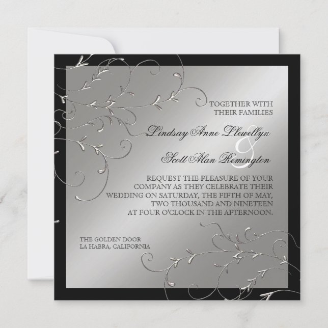Elégance Cravate Noire, Invitations Mariage Argent (Devant)