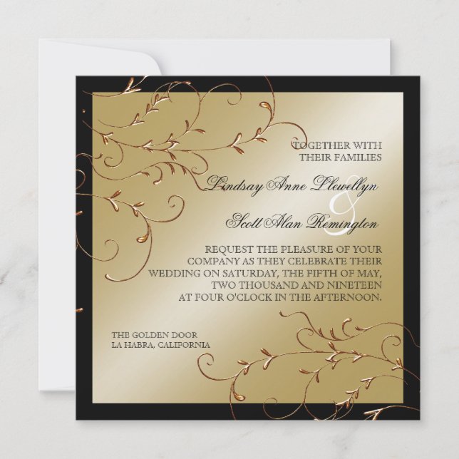 Elégance Cravate Noire, Invitations Mariage Doré (Devant)