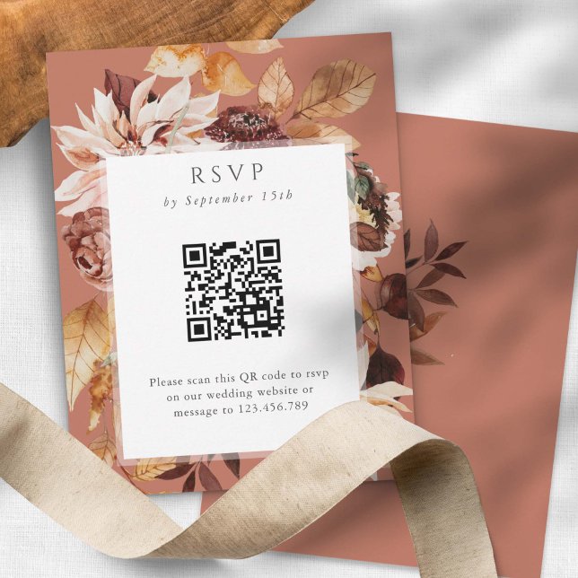 Élégance d'automne en terre cuite, code QR Mariage (Modern Autumn Elegance, QR code fall wedding rsvp cards in terracotta.)