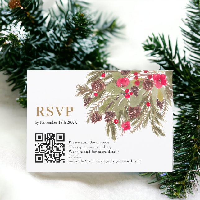 Elégance de pin d'hiver rouge vert mariage Rsvp qr (Winter pine elegance red green wedding Rsvp qr)