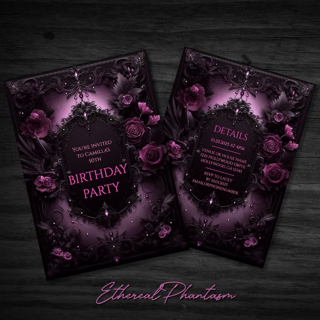 Élégance gothique Invitation d'anniversaire rose e (Pink and Black Elegant Goth Goth Floral Rose Roses Birthday Party Invitation Invite Evite Dark Chic)