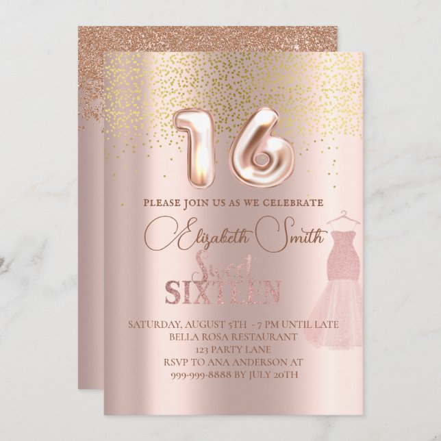 Elégance or rose, invitation sweet sixteen (Devant / Derrière)