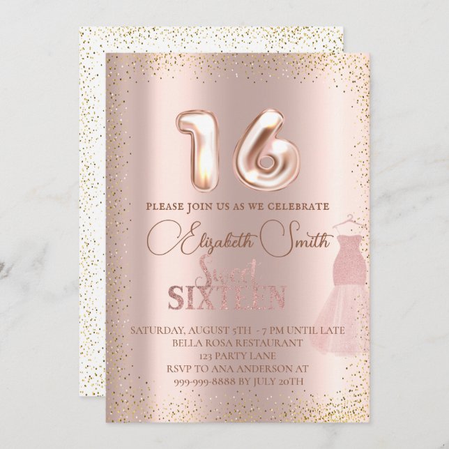 Elégance or rose, invitation sweet sixteen (Devant / Derrière)