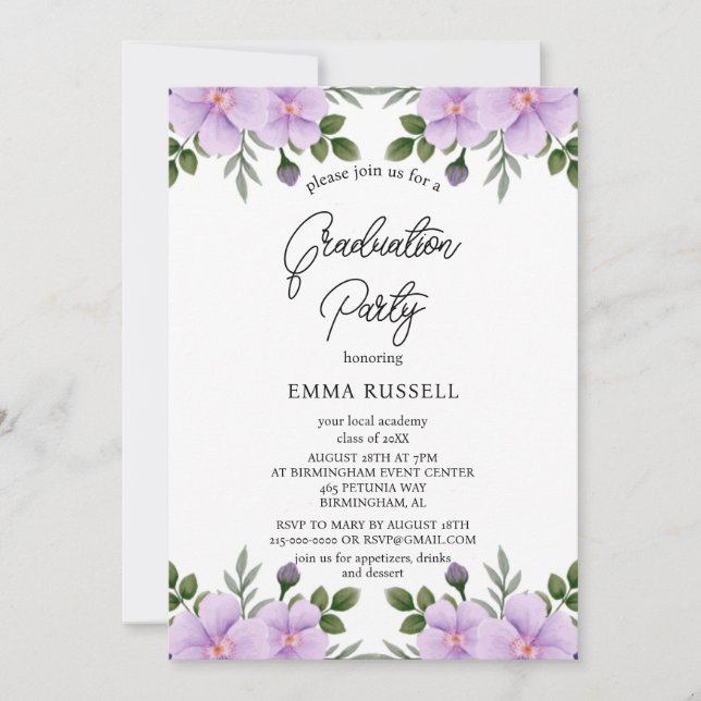 Élégance Purple Floral Graduation Party Invitation (Devant)