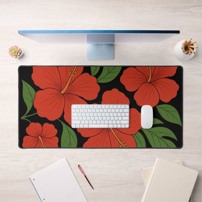 Élégance Tropicale Hibiscus Rouge sur Fond Noir (Bureau 1)