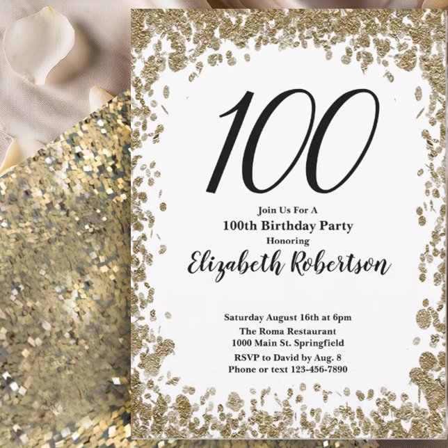 Elegant 100th Birthday Invitation For Her in Gold (Créateur téléchargé)