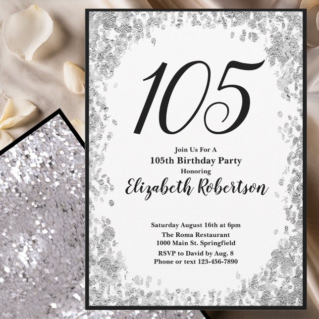 Elegant 105th Birthday Invitation Silver and Black (Créateur téléchargé)
