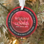 Elegant 15th 26th 36th Rose Wedding Anniversary Or<br><div class="desc">Celebrate the 15th, 26th, or 36th rose wedding anniversary with this stylish ornament! Elegant white lettering on a romantic red rose background add a memorable touch for this special occasion and (extraordinary) milestone. Personalize with couple's names, dates of marriage, and congratulatory messages on the rims. Reverse shows identical design. Use...</div>