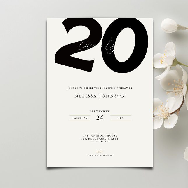 Elegant 20th Birthday Invitation - Minimal Style (Créateur téléchargé)