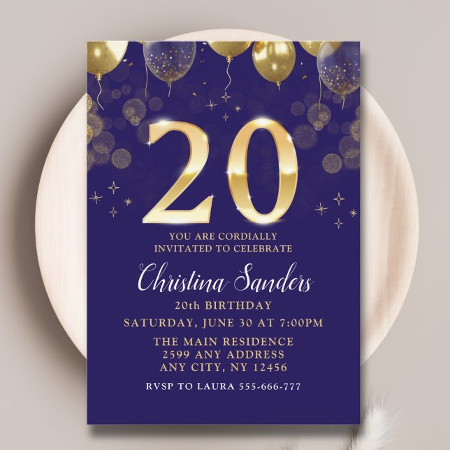 Elegant 20th Birthday Invitation with Gold Ballons (Créateur téléchargé)
