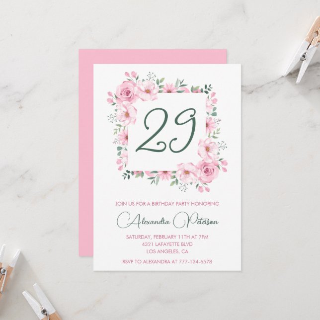 Elegant 29th birthday invitations Floral Pink  (Devant/Arrière en situation)