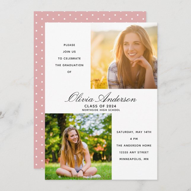 Elégant 2 Photo Dusty Pink Graduation Party (Devant / Derrière)