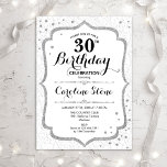 Elégant 30e anniversaire - Invitation blanche d'ar<br><div class="desc">Elégante 30e Invitation anniversaire. Design élégant,  blanc et argent. Caractéristiques damask pattern,  script font et faux parties scintillant argent confetti. Parfait pour un glam toute fête d'anniversaire blanche. Peut être customisé pour montrer n'importe quel âge. Message-moi si vous avez besoin d'une personnalisation plus poussée.</div>