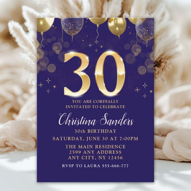 Elegant 30th Birthday Invitation with Gold Ballons (Créateur téléchargé)