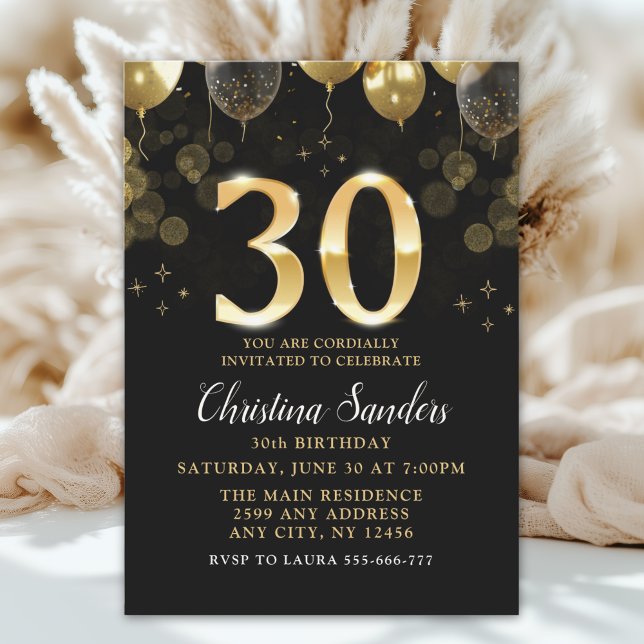 Elegant 30th Birthday Invitation with Gold Ballons (Créateur téléchargé)
