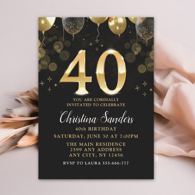 Elegant 40th Birthday Invitation with Gold Ballons (Créateur téléchargé)