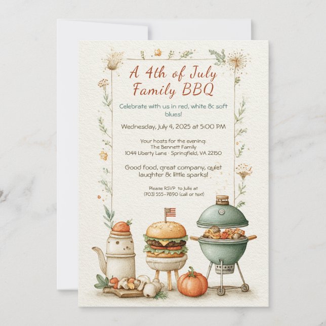 Elegant 4th of July BBQ Invitation – Soft Line Art (Devant)