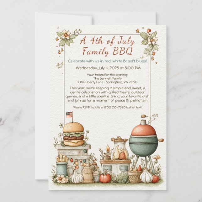 Elegant 4th of July BBQ Invitation – Soft Line Art (Devant)