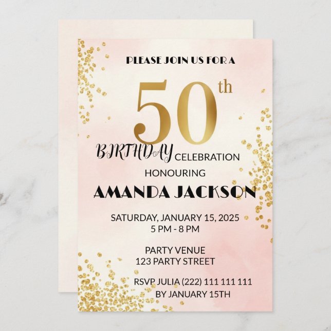 Elegant 50th Birthday Party Invitation Gold & Pink (Devant / Derrière)