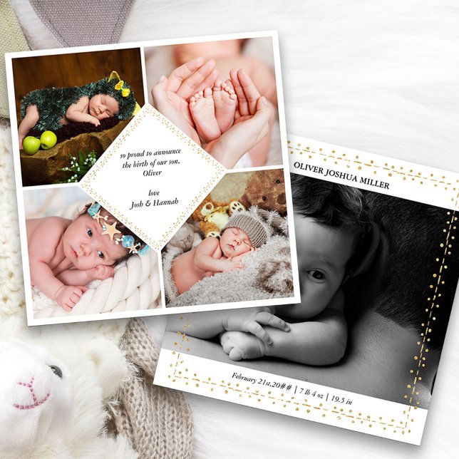 Elégant 5 Photo Gold Dot & Dash Faire-part de nais (5 Photo Baby Birth Announcement. Buy printed or as a printable digital download)