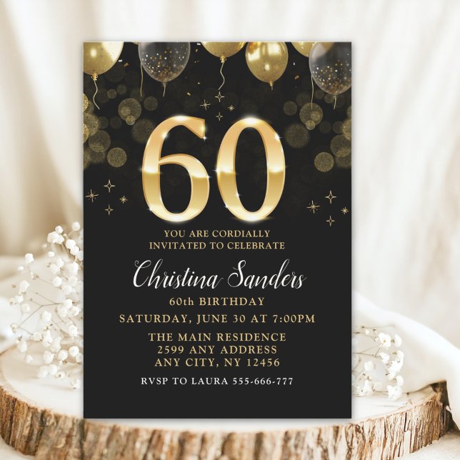 Elegant 60th Birthday Invitation with Gold Ballons (Créateur téléchargé)