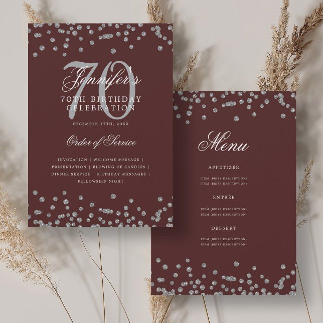 Elégant 70e Anniversaire Menu du programme Argent  (Elegant 70th Birthday Program Menu Silver Burgundy)
