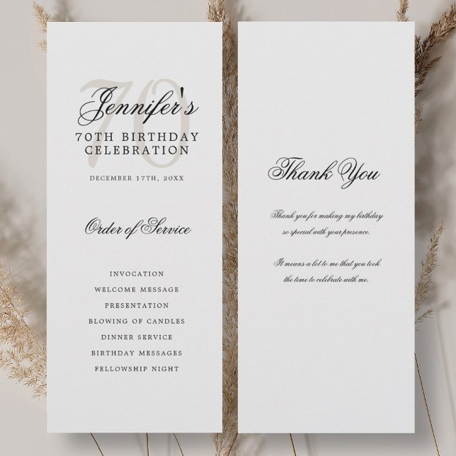 Élégant 70e anniversaire Programme Merci blanc (Elegant 70th Birthday Program White Thank You)