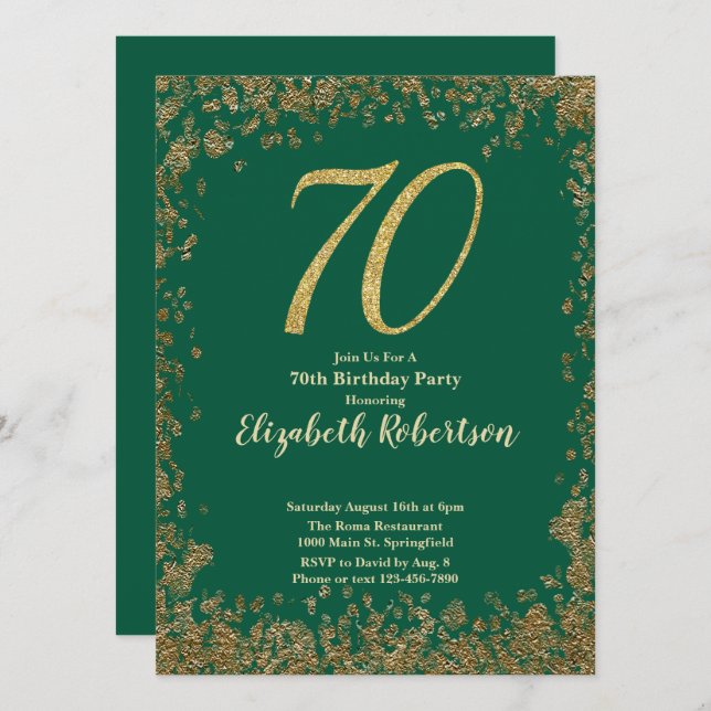 Elegant 70th Green Birthday Invitation Gold Sequin (Devant / Derrière)