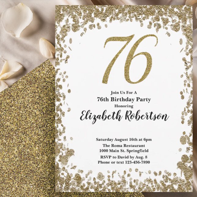 Elegant 76th Birthday Invitation With Gold Sequins (Créateur téléchargé)