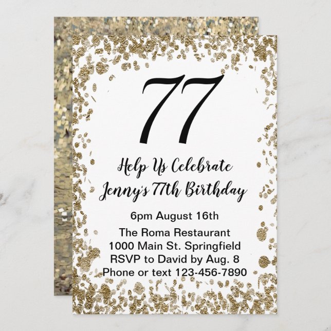 Elegant 77th Birthday Invitation in black and gold (Devant / Derrière)