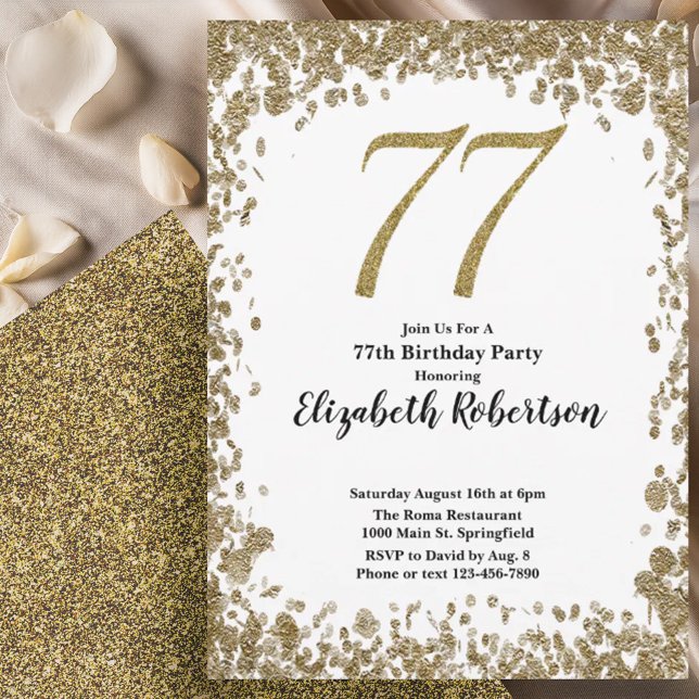 Elegant 77th Birthday Invitation With Gold Sequins (Créateur téléchargé)