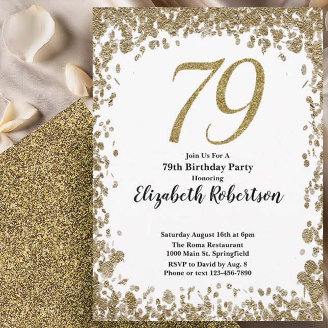 Elegant 79th Birthday Invitation With Gold Sequins (Créateur téléchargé)