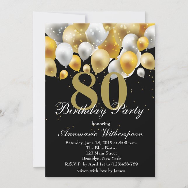 Elégant 80e anniversaire Invitation Gold Ballons (Devant)