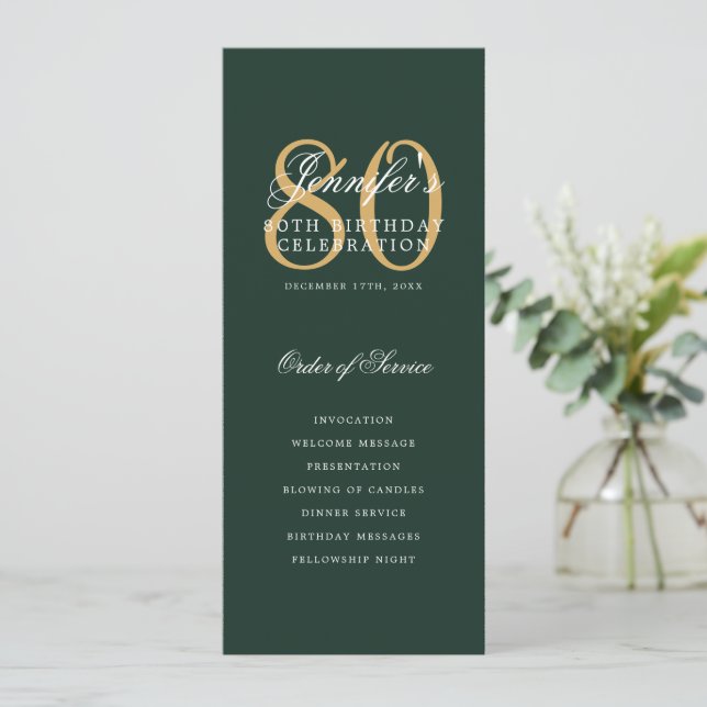 Élégant 80e Programme Gold Green Menu+Merci (Debout devant)