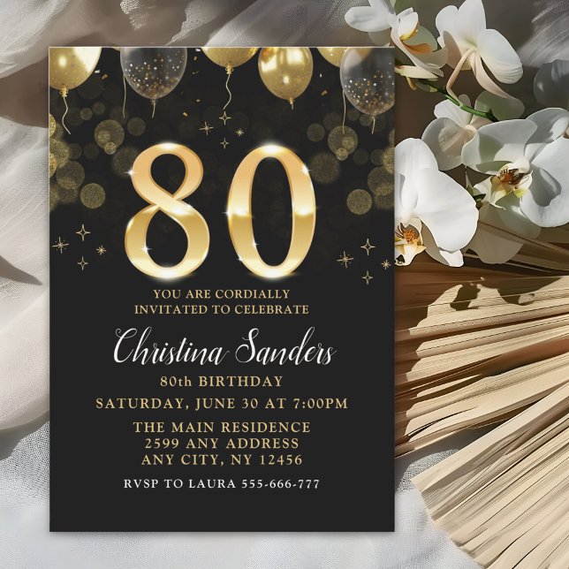 Elegant 80th Birthday Invitation with Gold Ballons (Créateur téléchargé)