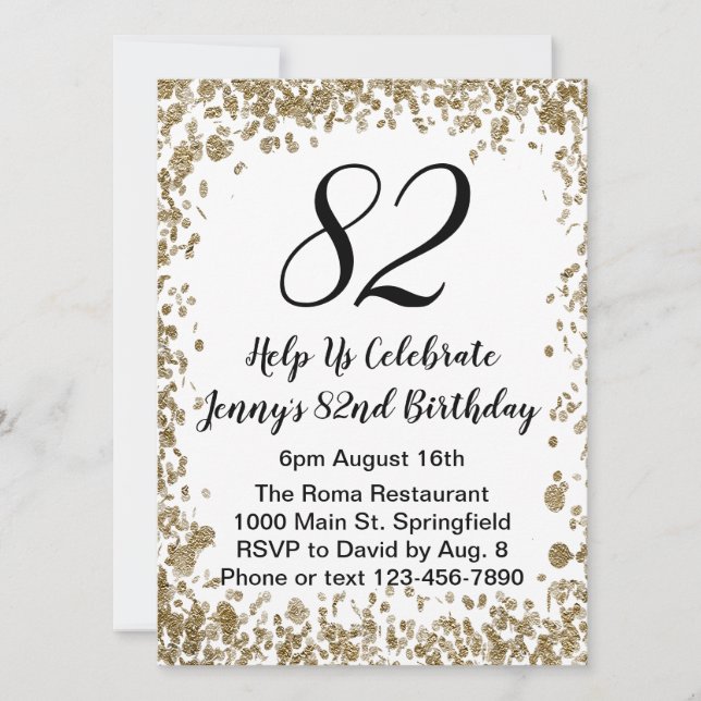 Elegant 82nd Birthday Invitation For Her in Gold (Devant)