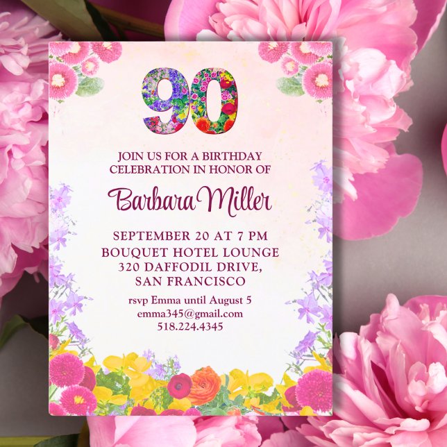 Elégant 90e anniversaire - Floral 90 Invitation (Créateur téléchargé)