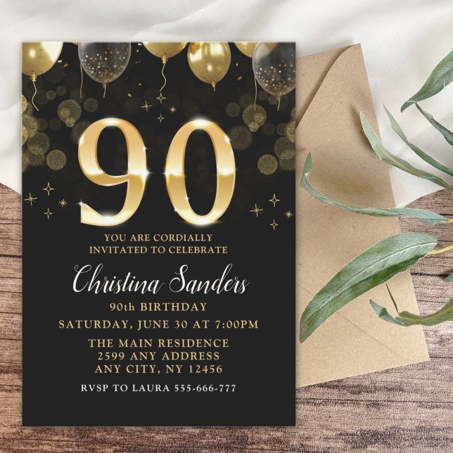 Elegant 90th Birthday Invitation with Gold Glitter (Créateur téléchargé)