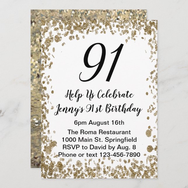 Elegant 91st Birthday Invitation For Her in Gold (Devant / Derrière)
