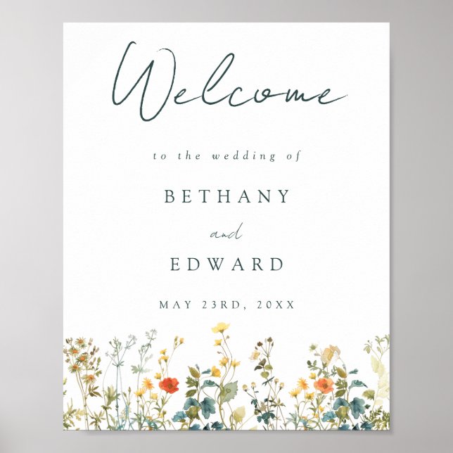 Élégant affiche de bienvenue du Mariage Fleur sauv (Devant)