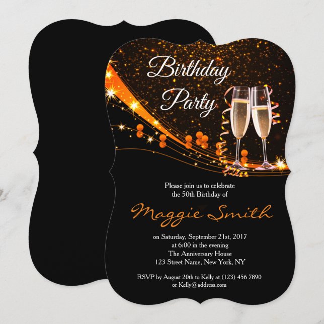 Élégant Amber Champagne Invitation de fête d'anniv (Devant / Derrière)
