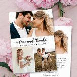 Élégant amour et Merci Script Collage Mariage<br><div class="desc">Élégant, minimaliste, moderne écrit à la main "Amour et Merci" Script Photo Collage Card. Modèle mariage élégant avec trois (3) photos sur le devant et une (1) photo sur le dos. Doté d'un texte "Amour et Merci" dans une main tourbillonnant lettrage typographie ou script de calligraphie swash tail police en...</div>